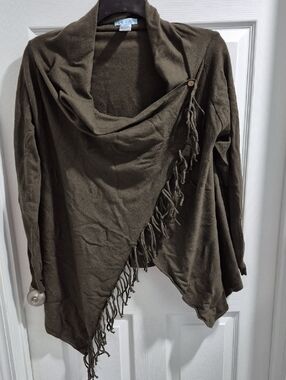She + Sky Olive Knit Cardigan with Fringe Trim